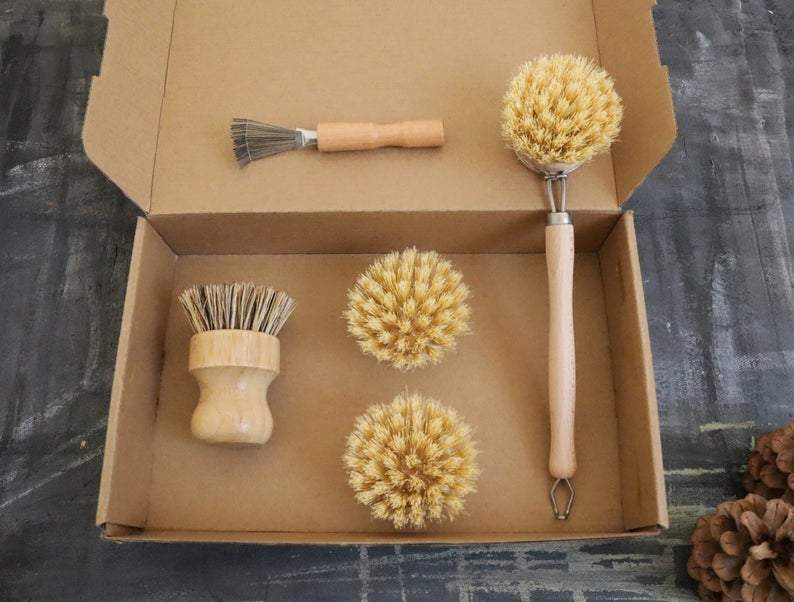 Ensemble de brosses de cuisine zéro déchet, bois et fibres naturelles
